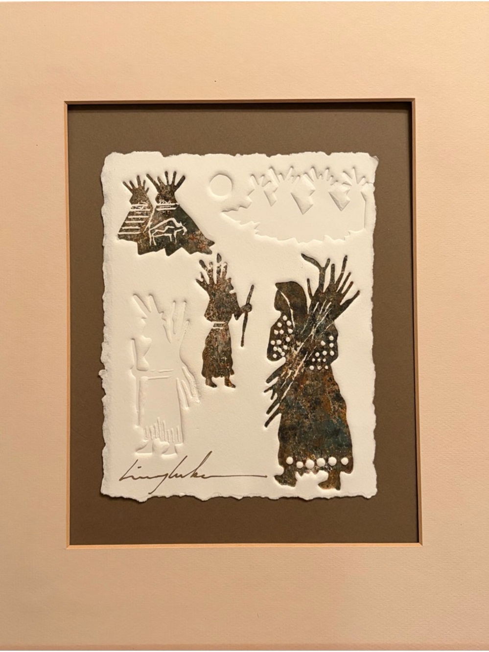 Ling Luker Signed Contemporary Art Print Figures Tipis Trees Matted Framed